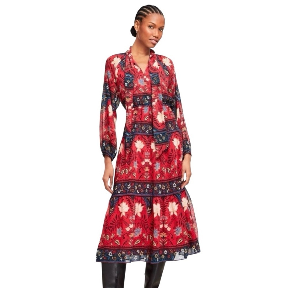 LOFT Vibrant Red & navy Blue floral tiered Long Sleeve midi Dress large petite
